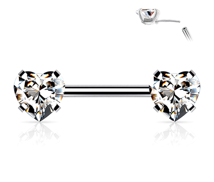 Threadless Heart Gem Prong Set Silver Plated Decorative Nipple Bar Clear & Red Gems