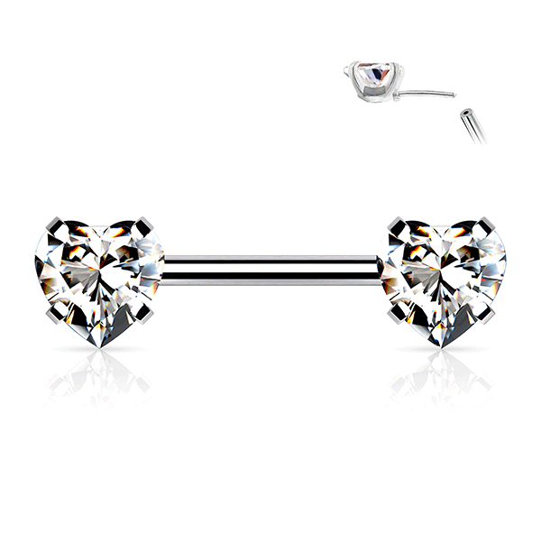 Threadless Heart Gem Prong Set Silver Plated Decorative Nipple Bar Clear & Red Gems