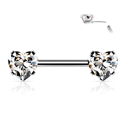 Threadless Heart Gem Prong Set Silver Plated Decorative Nipple Bar Clear & Red Gems