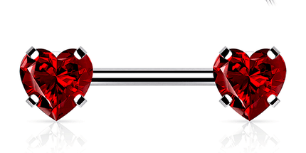 Threadless Heart Gem Prong Set Silver Plated Decorative Nipple Bar Clear & Red Gems