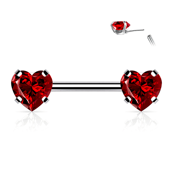 Threadless Heart Gem Prong Set Silver Plated Decorative Nipple Bar Clear & Red Gems