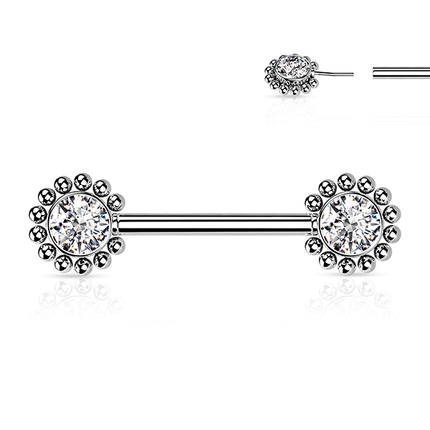 Threadless Beaded Edge Jewelled Cluster Plated Decorative Nipple Barbell