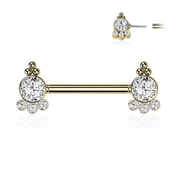 Threadless Multi Jewelled Trinity Beaded Cluster Plated Decorative Nipple Barbell