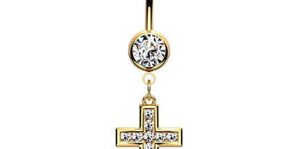 Cross Micro Jewelled Dangle Plated Fashion Navel In Stainess Steel, Rose Gold PVD or Gold PVD Gold