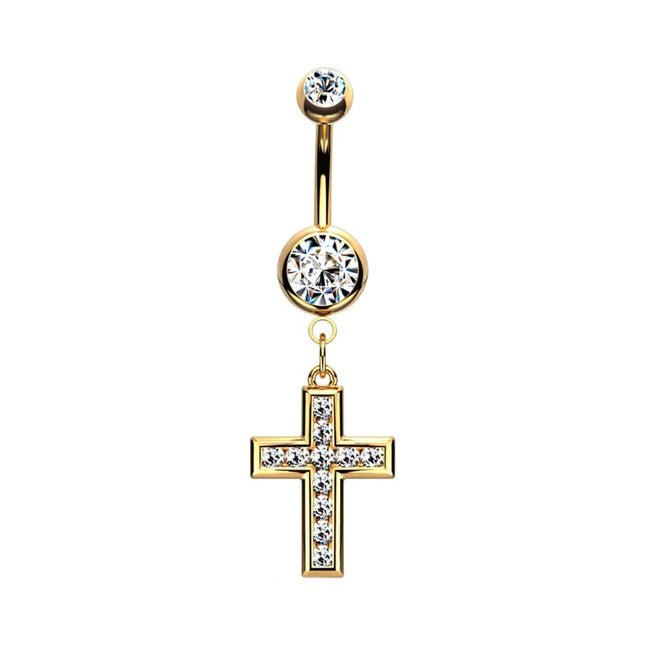 Cross Micro Jewelled Dangle Plated Fashion Navel In Stainess Steel, Rose Gold PVD or Gold PVD Gold