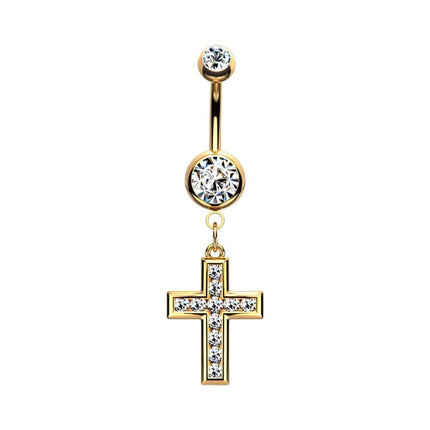 Cross Micro Jewelled Dangle Plated Fashion Navel In Stainess Steel, Rose Gold PVD or Gold PVD Gold