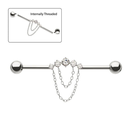 Invictus Titanium Internally Threaded 5 Round Prong Set Gem Cluster with 2-Tier Chain & Ball End Industrial Barbell