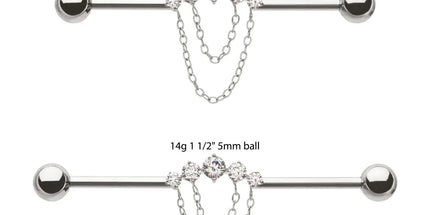 Invictus Titanium Internally Threaded 5 Round Prong Set Gem Cluster with 2-Tier Chain & Ball End Industrial Barbell