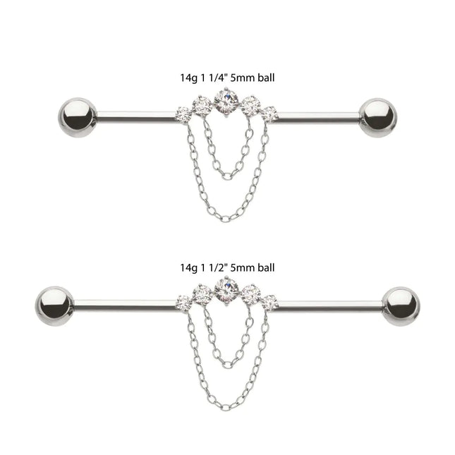 Invictus Titanium Internally Threaded 5 Round Prong Set Gem Cluster with 2-Tier Chain & Ball End Industrial Barbell