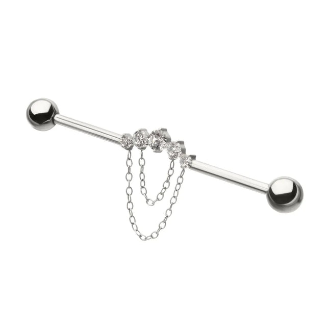 Invictus Titanium Internally Threaded 5 Round Prong Set Gem Cluster with 2-Tier Chain & Ball End Industrial Barbell