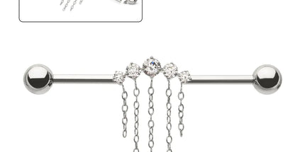 Invictus Titanium Internally Threaded 5 Round Prong Set Gem Cluster with 5 Chain Dangle & Ball End Industrial Barbell