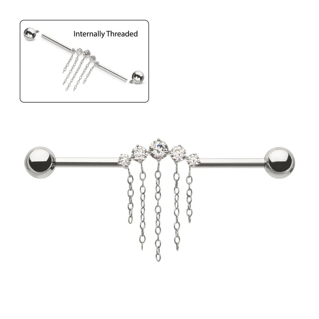 Invictus Titanium Internally Threaded 5 Round Prong Set Gem Cluster with 5 Chain Dangle & Ball End Industrial Barbell
