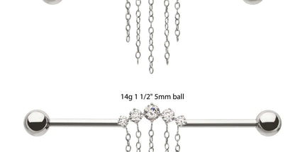 Invictus Titanium Internally Threaded 5 Round Prong Set Gem Cluster with 5 Chain Dangle & Ball End Industrial Barbell