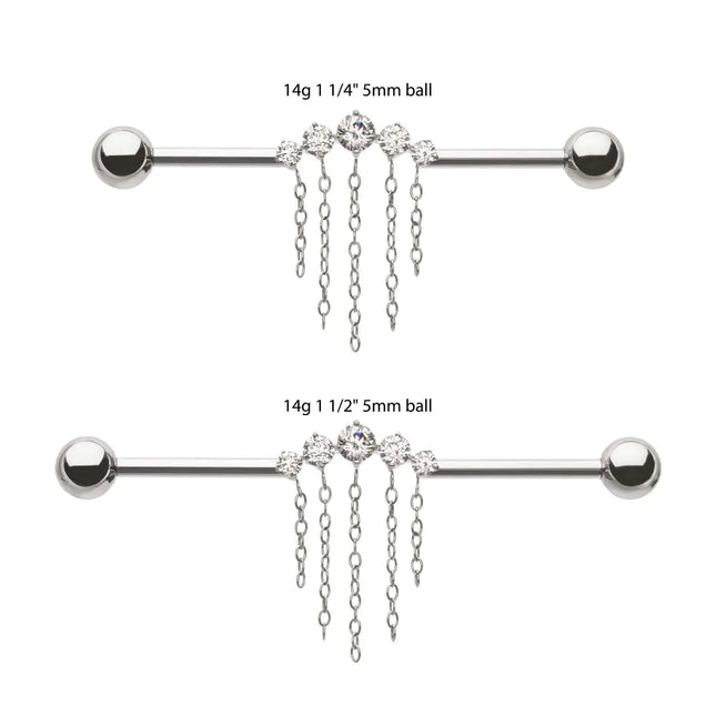 Invictus Titanium Internally Threaded 5 Round Prong Set Gem Cluster with 5 Chain Dangle & Ball End Industrial Barbell