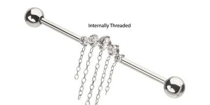 Invictus Titanium Internally Threaded 5 Round Prong Set Gem Cluster with 5 Chain Dangle & Ball End Industrial Barbell