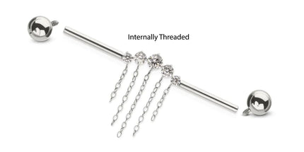 Invictus Titanium Internally Threaded 5 Round Prong Set Gem Cluster with 5 Chain Dangle & Ball End Industrial Barbell