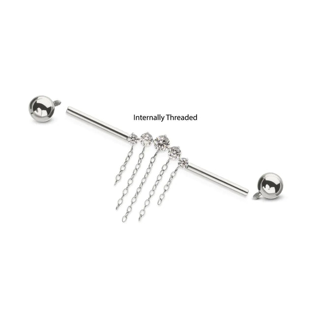 Invictus Titanium Internally Threaded 5 Round Prong Set Gem Cluster with 5 Chain Dangle & Ball End Industrial Barbell