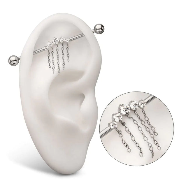 Invictus Titanium Internally Threaded 5 Round Prong Set Gem Cluster with 5 Chain Dangle & Ball End Industrial Barbell