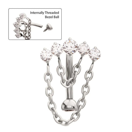 Invictus Titanium Internally Threaded 5-Cluster Prong Gem Fixed Top Curved Barbell with 2 Tier Chain Dangle