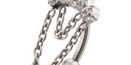 Invictus Titanium Internally Threaded 5-Cluster Prong Gem Fixed Top Curved Barbell with 2 Tier Chain Dangle
