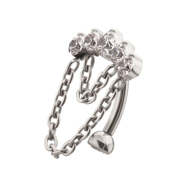 Invictus Titanium Internally Threaded 5-Cluster Prong Gem Fixed Top Curved Barbell with 2 Tier Chain Dangle