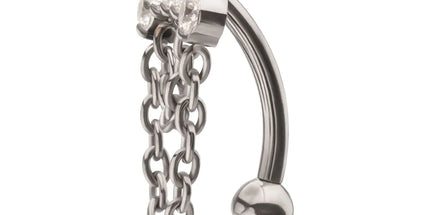 Invictus Titanium Internally Threaded 5-Cluster Prong Gem Fixed Top Curved Barbell with 2 Tier Chain Dangle