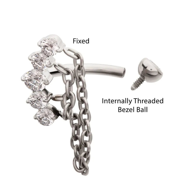 Invictus Titanium Internally Threaded 5-Cluster Prong Gem Fixed Top Curved Barbell with 2 Tier Chain Dangle
