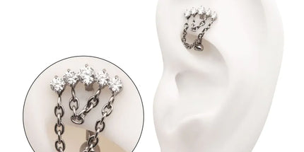 Invictus Titanium Internally Threaded 5-Cluster Prong Gem Fixed Top Curved Barbell with 2 Tier Chain Dangle