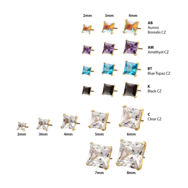 Invictus 24Kt Gold PVD Titanium Threadless Flat Base Low Profile 4 Prong Princess Cut Gem Top