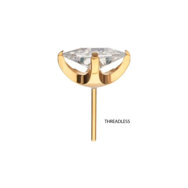 Invictus 24Kt Gold PVD Titanium Threadless Flat Base Low Profile 4 Prong Princess Cut Gem Top