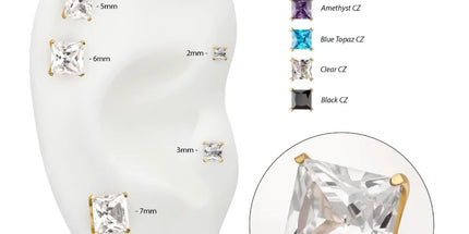 Invictus 24Kt Gold PVD Titanium Threadless Flat Base Low Profile 4 Prong Princess Cut Gem Top