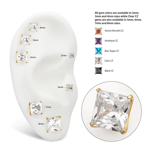 Invictus 24Kt Gold PVD Titanium Threadless Flat Base Low Profile 4 Prong Princess Cut Gem Top