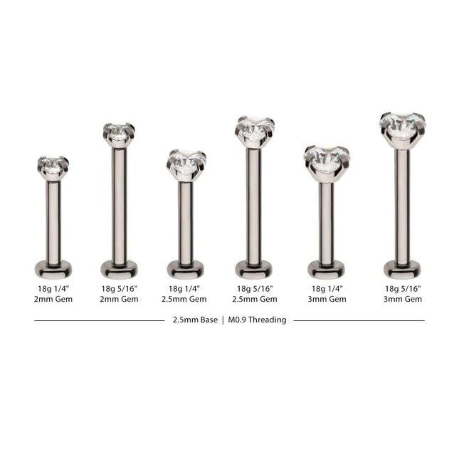 Invictus Titanium Internally Threaded Labret with Prong Set CZ Top & 2.5mm Base