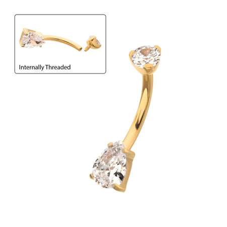 Invictus 24Kt Gold PVD Titanium Internally Threaded Double Gem with Prong Set Teardrop Fixed Bottom Navel