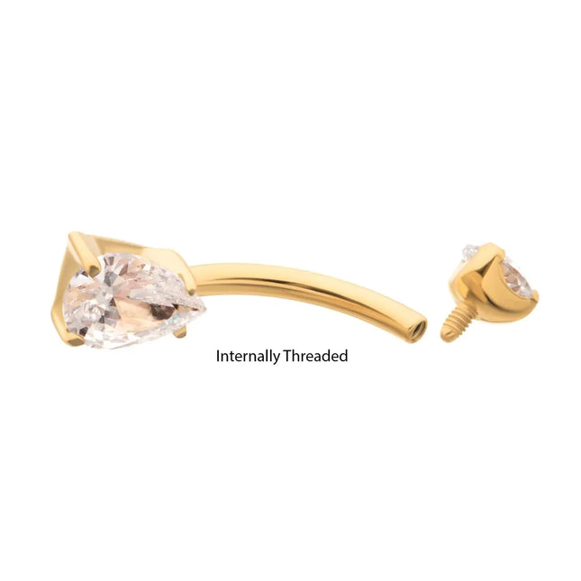 Invictus 24Kt Gold PVD Titanium Internally Threaded Double Gem with Prong Set Teardrop Fixed Bottom Navel