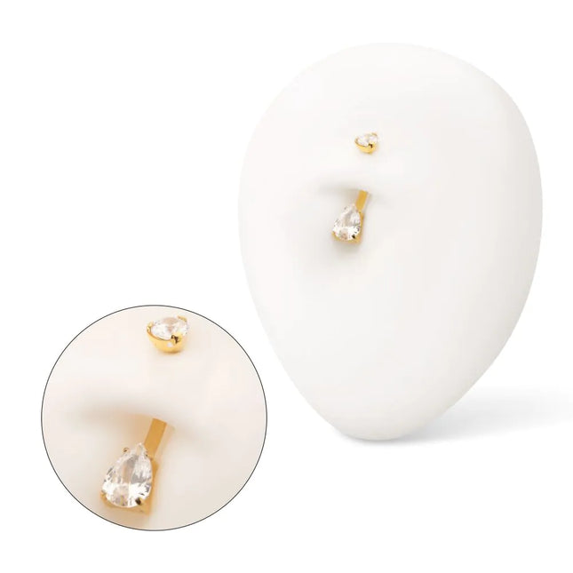 Invictus 24Kt Gold PVD Titanium Internally Threaded Double Gem with Prong Set Teardrop Fixed Bottom Navel