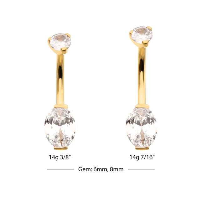 Invictus 24Kt Gold PVD Titanium Internally Threaded Double Gem with Prong Set Oval Fixed Bottom Navel