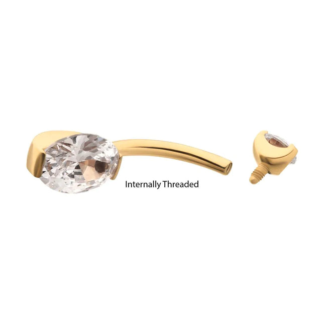 Invictus 24Kt Gold PVD Titanium Internally Threaded Double Gem with Prong Set Oval Fixed Bottom Navel