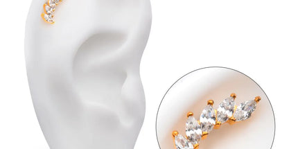 Invictus 24Kt Gold PVD Titanium Internally Threaded with Prong Set Marquise 5 Gem Curved Fan Top