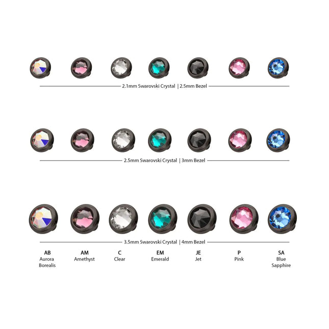 Invictus 16g Black PVD PVD Titanium Internally Threaded Low Profile Bezel Set Swarovski Crystal Dermal Top