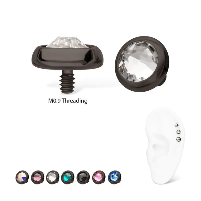 Invictus 16g Black PVD PVD Titanium Internally Threaded Low Profile Bezel Set Swarovski Crystal Dermal Top