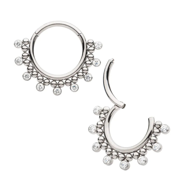 Invictus Titanium Clustered Beads with 7 Bezel Round CZ Front Facing Hinged Segment Clicker