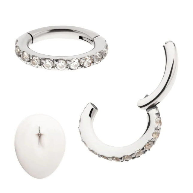 Invictus 14g Titanium Oval Shape with CNC Set Full Clear CZ Hinged Segment Clicker (for Navel Piercing)