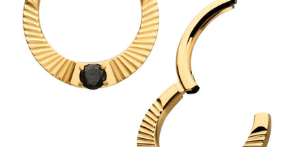 Invictus 24Kt Gold PVD Titanium Radiant Hoop with Black Prong Set Gem Front Facing Hinged Segment Clicker
