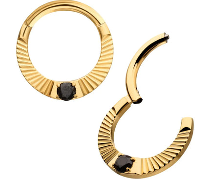 Invictus 24Kt Gold PVD Titanium Radiant Hoop with Black Prong Set Gem Front Facing Hinged Segment Clicker