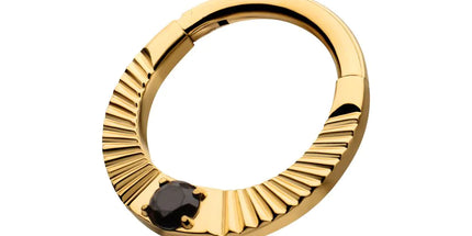 Invictus 24Kt Gold PVD Titanium Radiant Hoop with Black Prong Set Gem Front Facing Hinged Segment Clicker