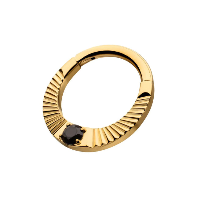 Invictus 24Kt Gold PVD Titanium Radiant Hoop with Black Prong Set Gem Front Facing Hinged Segment Clicker
