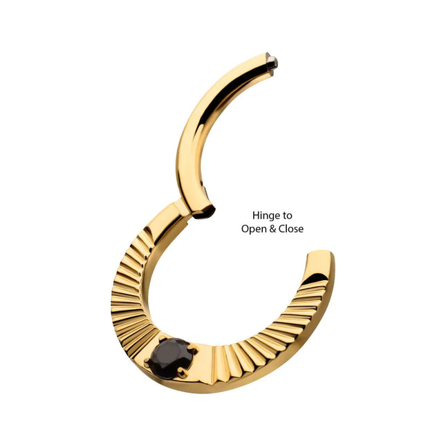 Invictus 24Kt Gold PVD Titanium Radiant Hoop with Black Prong Set Gem Front Facing Hinged Segment Clicker