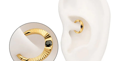 Invictus 24Kt Gold PVD Titanium Radiant Hoop with Black Prong Set Gem Front Facing Hinged Segment Clicker