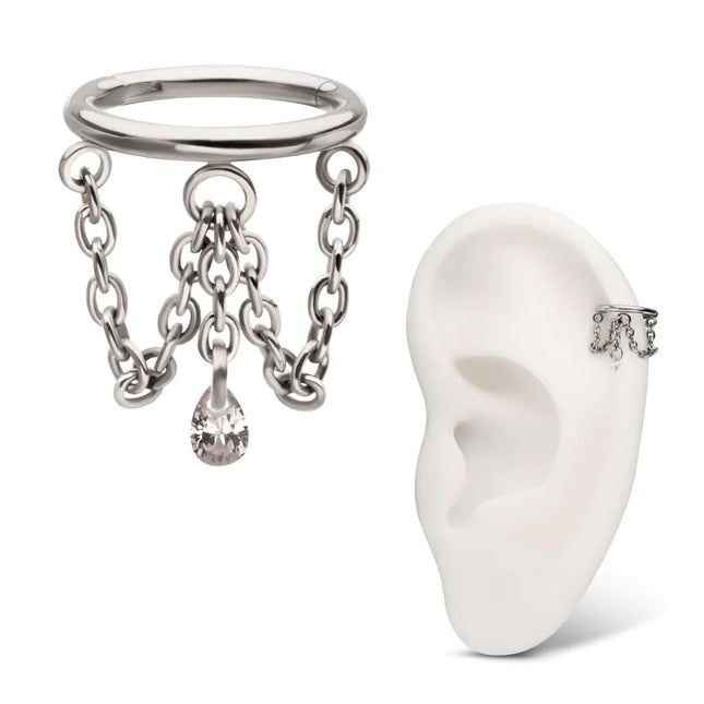 Invictus Titanium Triple Chain Dangle with Floating Teardrop Gem Hinged Segment Clicker